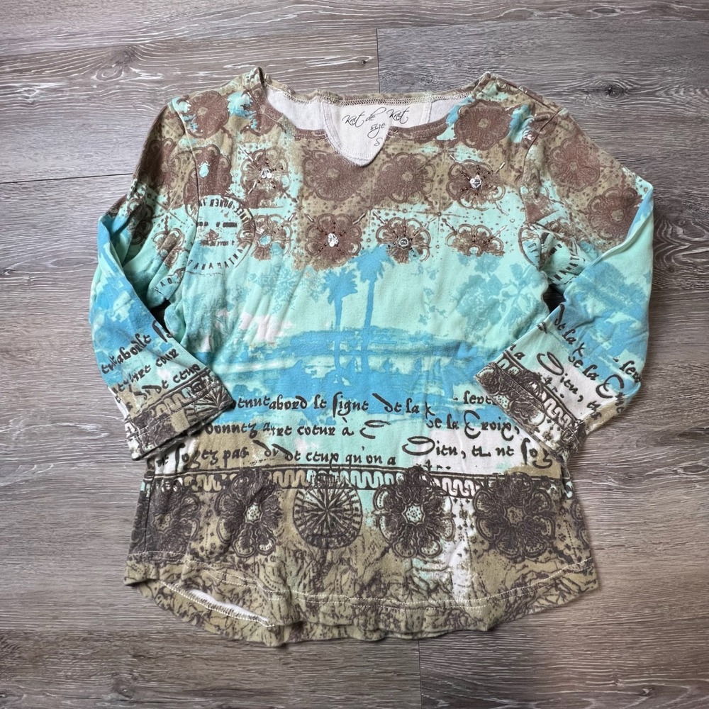 Y2k Graphic Top Womens S Teal Brown‎ Boho Sequin French Script 3/4 Sleeve